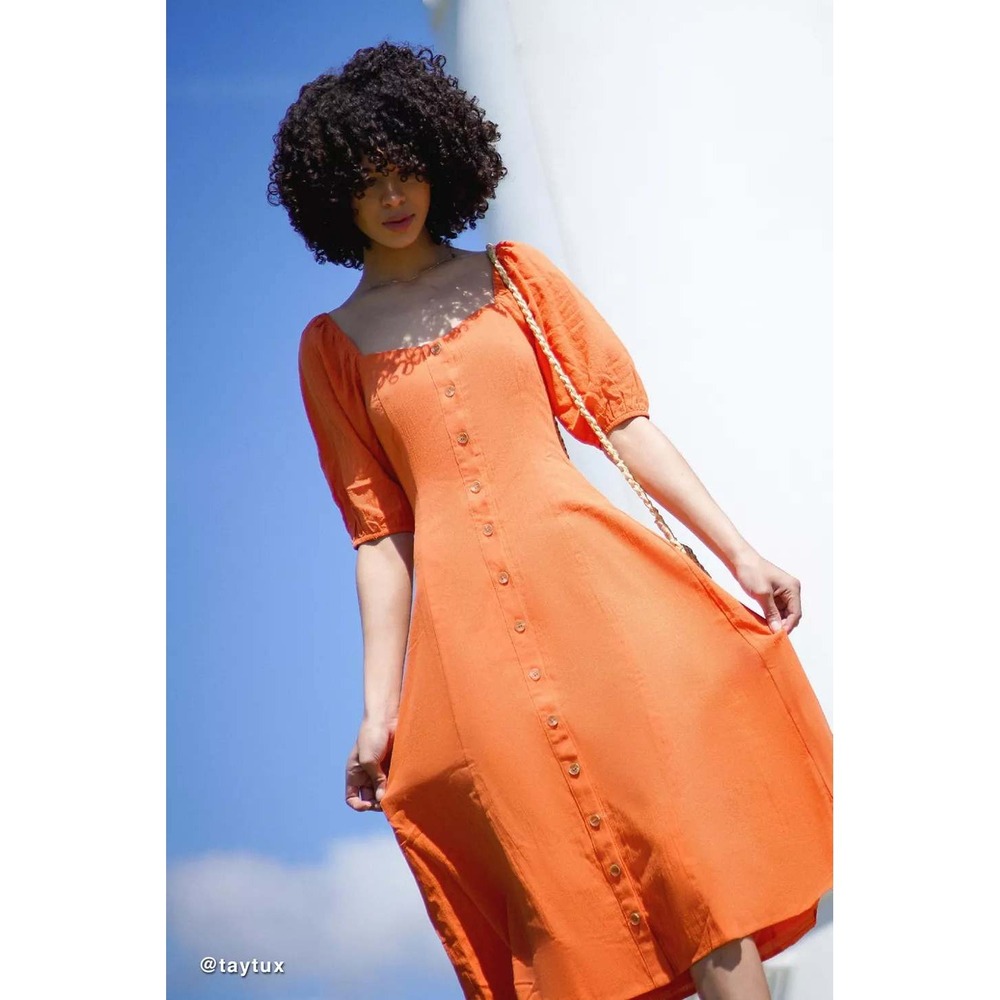 Urban Outfitters Maria Puff Sleeve Button-Front Midi Dress Womens Size S Orange